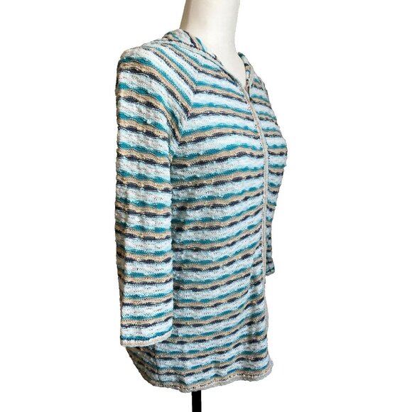J JILL Full Zip Hoodie Jacket Sweater Cardigan Size Small Blue White Tan Striped - Picture 3 of 6